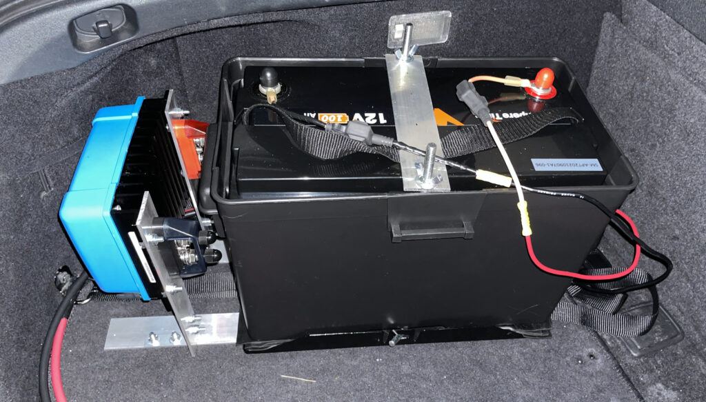 100Ah AmpereTime battery with Victron DC-DC charger installed in trunk of car