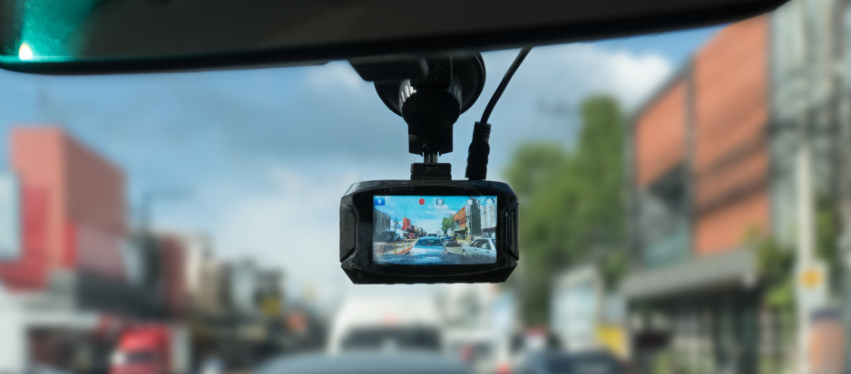 Image of a dash cam mounted on a windshield below a rear view mirror. Traffic can be seen in the unfocused background and on the dash cam screen.